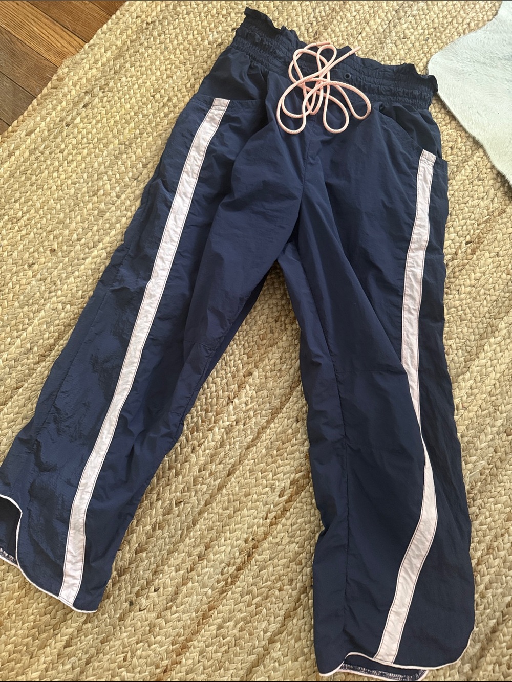 FP Free People Movement Navy Track Pants with Light Pink Side Stripes
